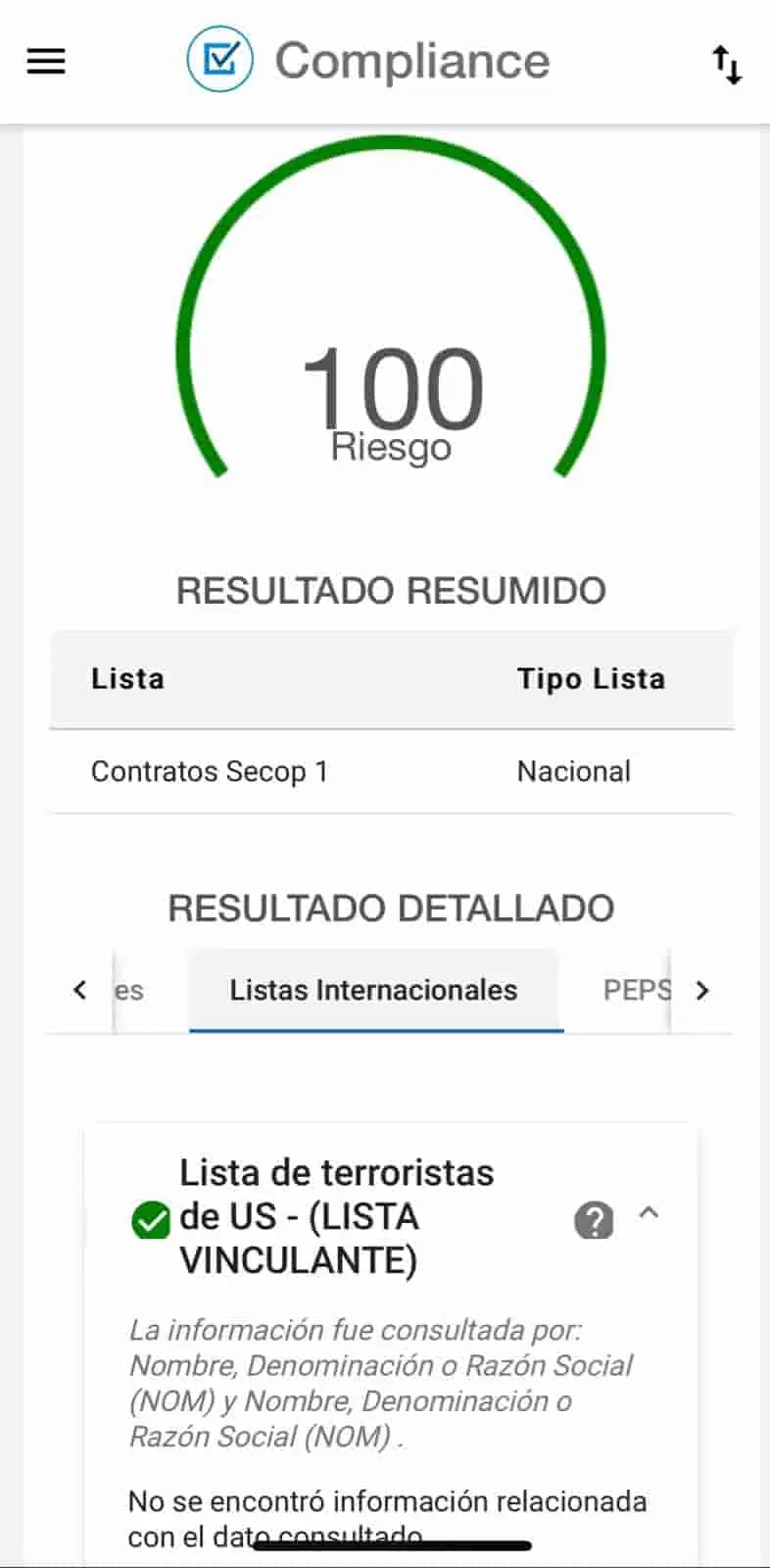 Compliance dashboard showing the result of a restrictive-list search.